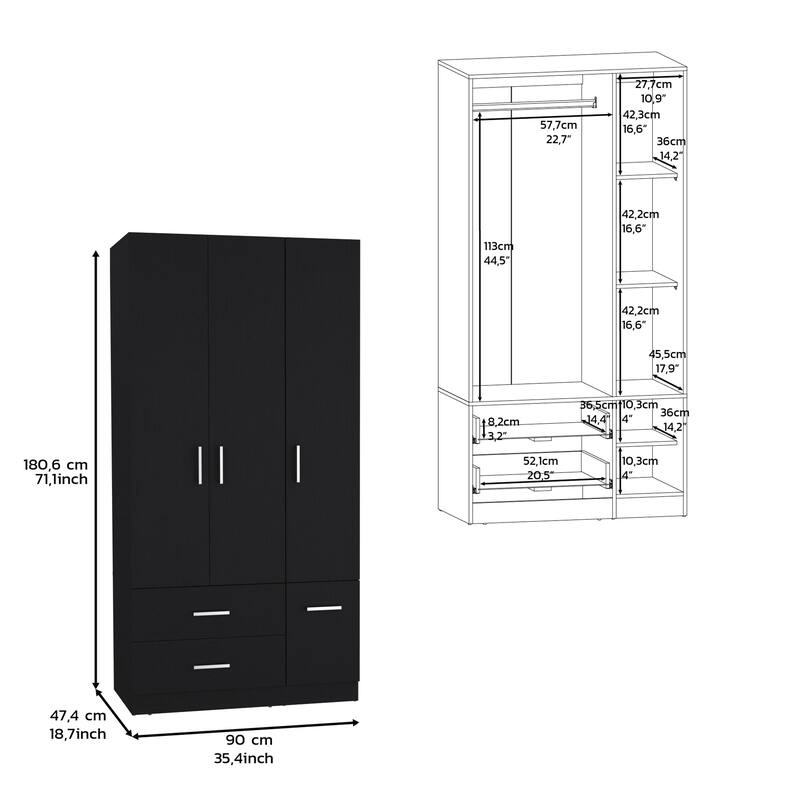 18.7" Modern Four-door Armoire with Hanging Rod, Two Drawers and 6 Shelves