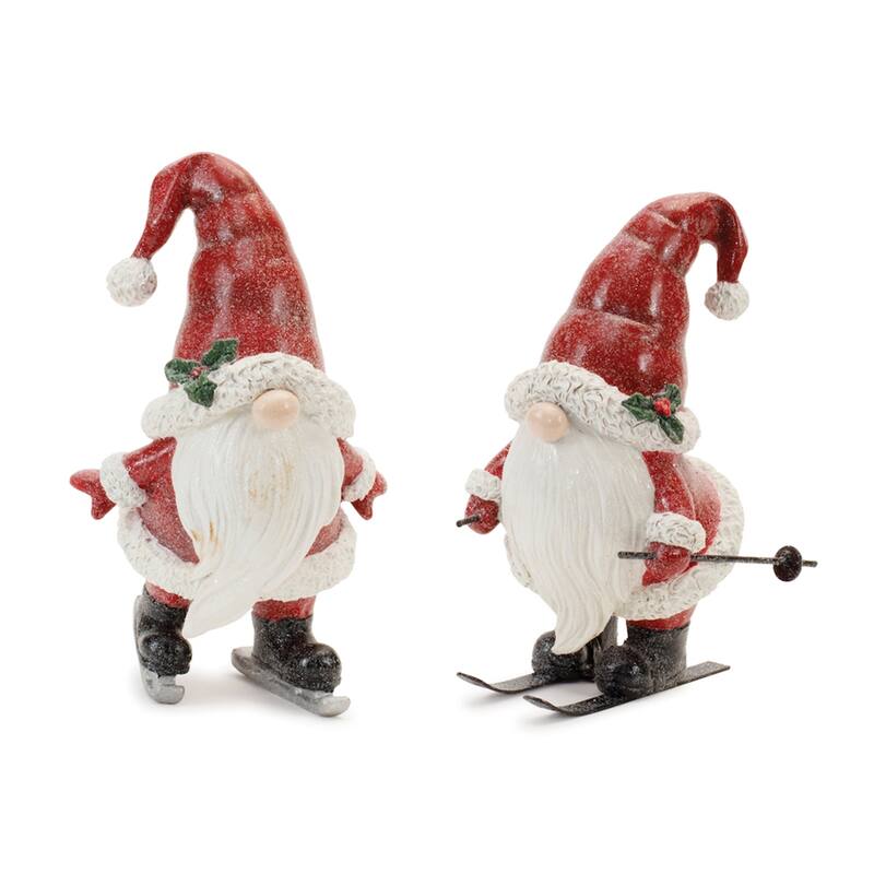 Santa on Skis and Skates Set of 2 Resin Figurines for Holiday Decor - 3.75” x 4.25” x 6.25” - Red-White