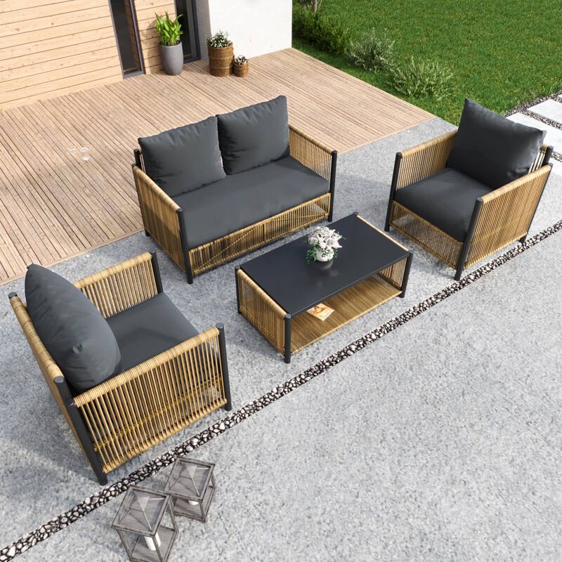 4-Piece Outdoor PE Wicker Sofa Set, All Weather Patio Conversation Furniture Set with Removable Cushions and Coffee Table