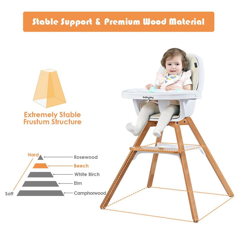 Costway 3-in-1 Convertible Wooden Baby High Chair w/ Tray Adjustable