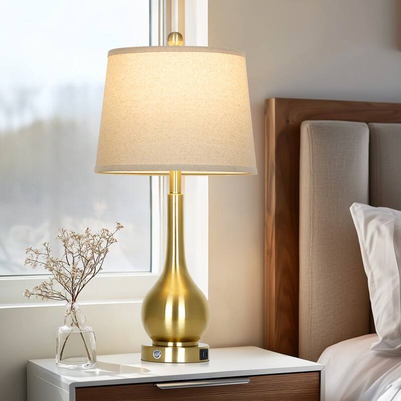 26'' Modern Table Lamps with Dual USB-C Ports & Touch Control - Golden Finish, Oatmeal Fabric Shade (Set of 2)