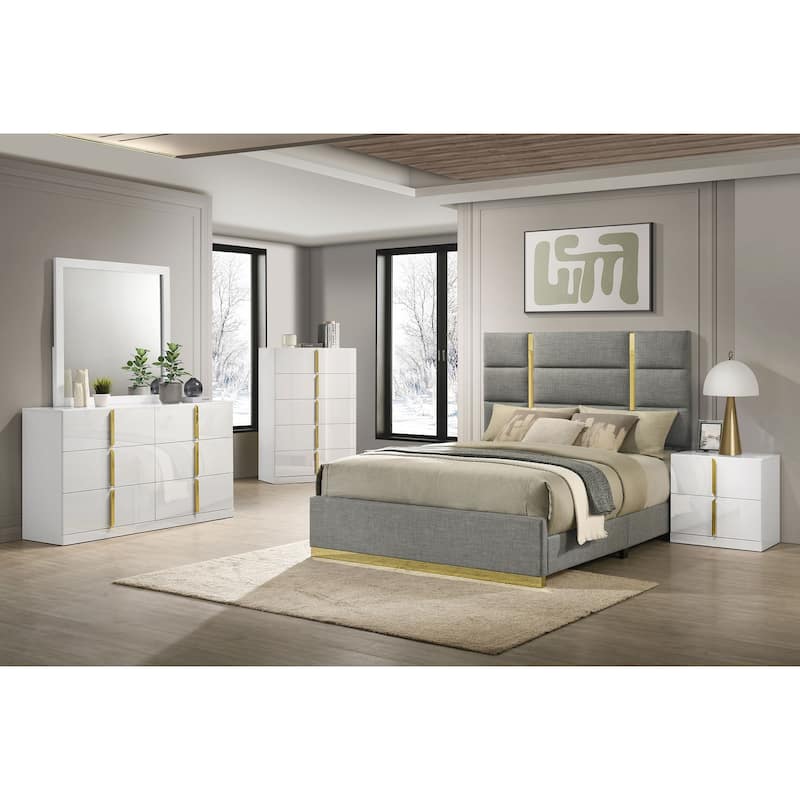 Ines Bedroom Set Grey and White High Gloss - Queen - 5 Piece