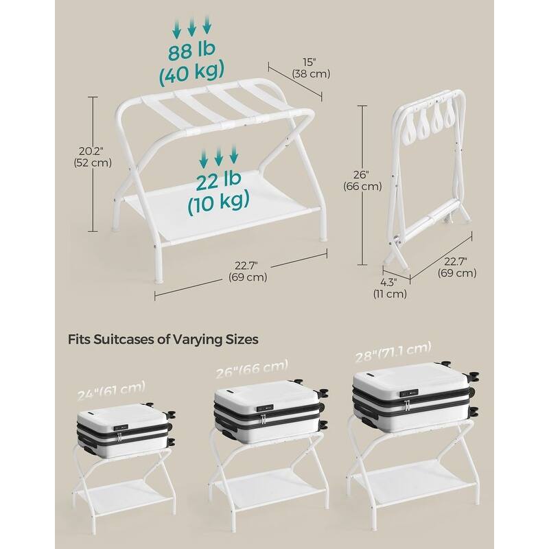 Foldable Steel Luggage Rack with Nylon Straps and Bottom Shelf for Guest Room or Hotel Use