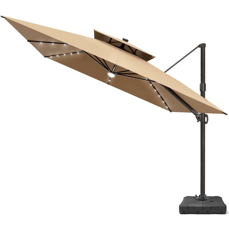 11 FT Square Outdoor Patio Cantilever Umbrella with Solar Lights Wheeled Base Double Canopy 360 Rotation Tilt