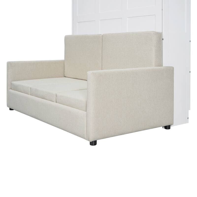 Multifunctional Full Size Wall Bed with Sofa and Storage, White/Gray