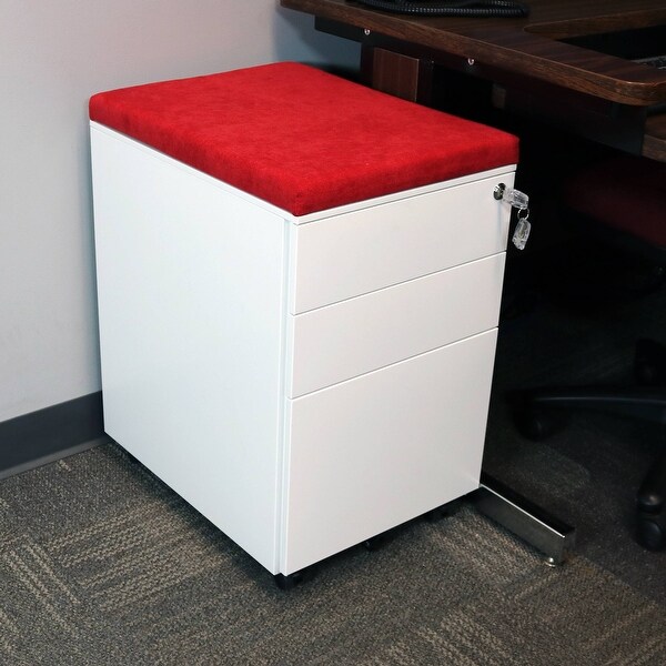 CASL Brands Rolling File Cabinet - Lock and Cushion - White with Red Cushion