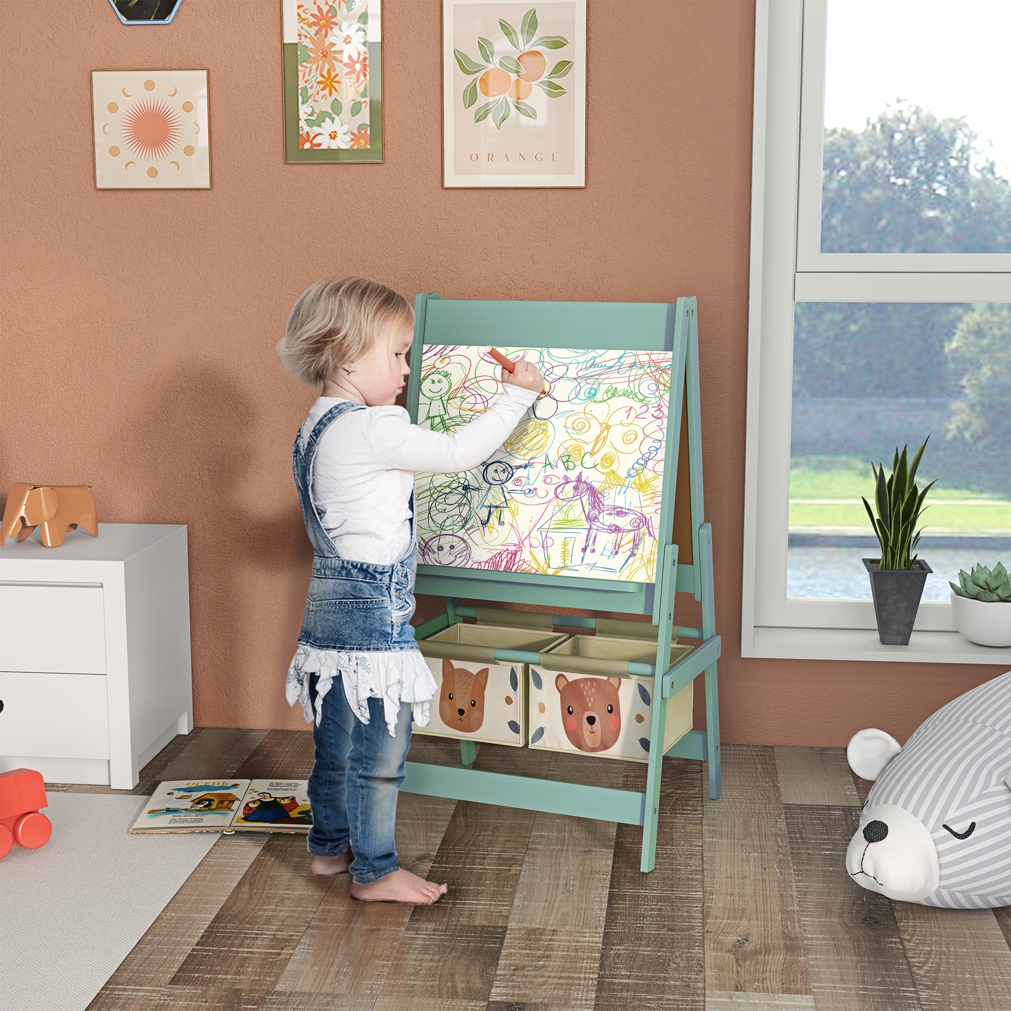 Qaba Kids Art Easel, 3-in-1 Toddler Easel with Paper Roll, Blackboard, Whiteboard, Storage Baskets, Green Fox & Bear