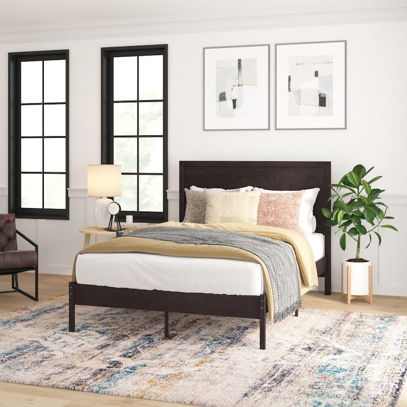 Solid Wood Platform Bed with Headboard and Wooden Slats - Dark Brown - Full