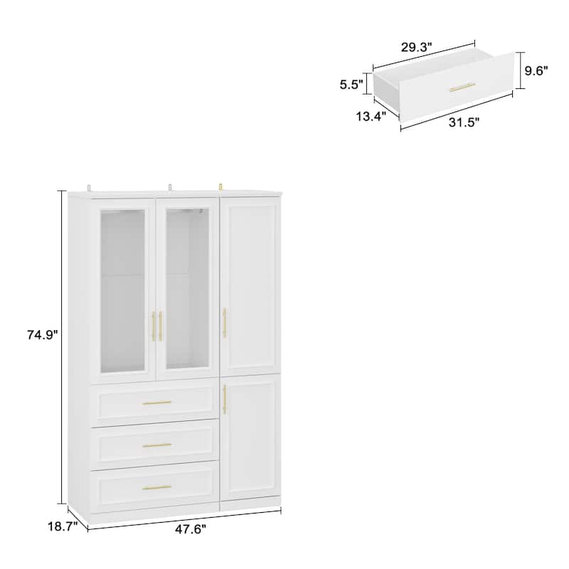 74.8"H Large Modular Wardrobe Cloest Armoire Cabinet Glass Door