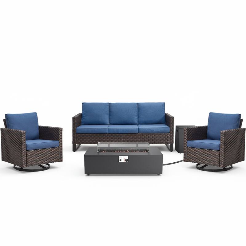 Pocassy 5 Piece Ptio Sofa Swivel Chair with Fire Pit Table