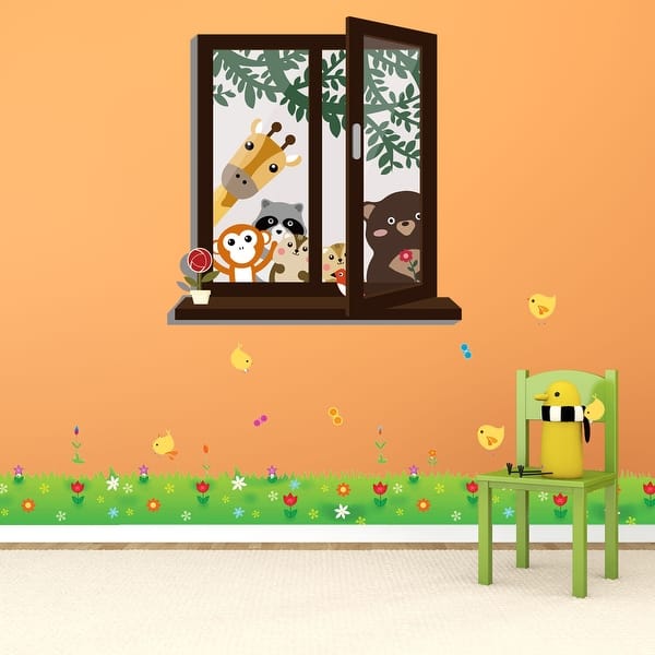 slide 2 of 5, Walplus Window View of Animal Friends Little Chick Grass Wall Sticker
