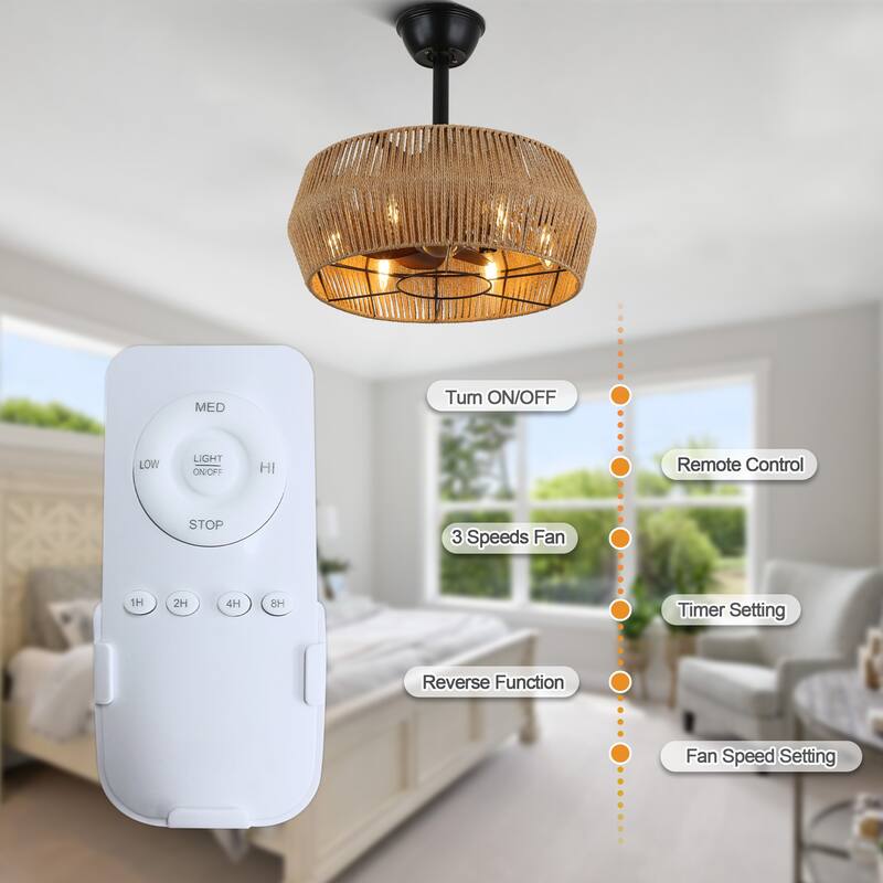 Cusp Barn 18-In Boho Caged Ceiling Fan with Remote Control, Retro 6-Light Ceiling Light, 3-Speed Rattan Fandelier for Bedroom