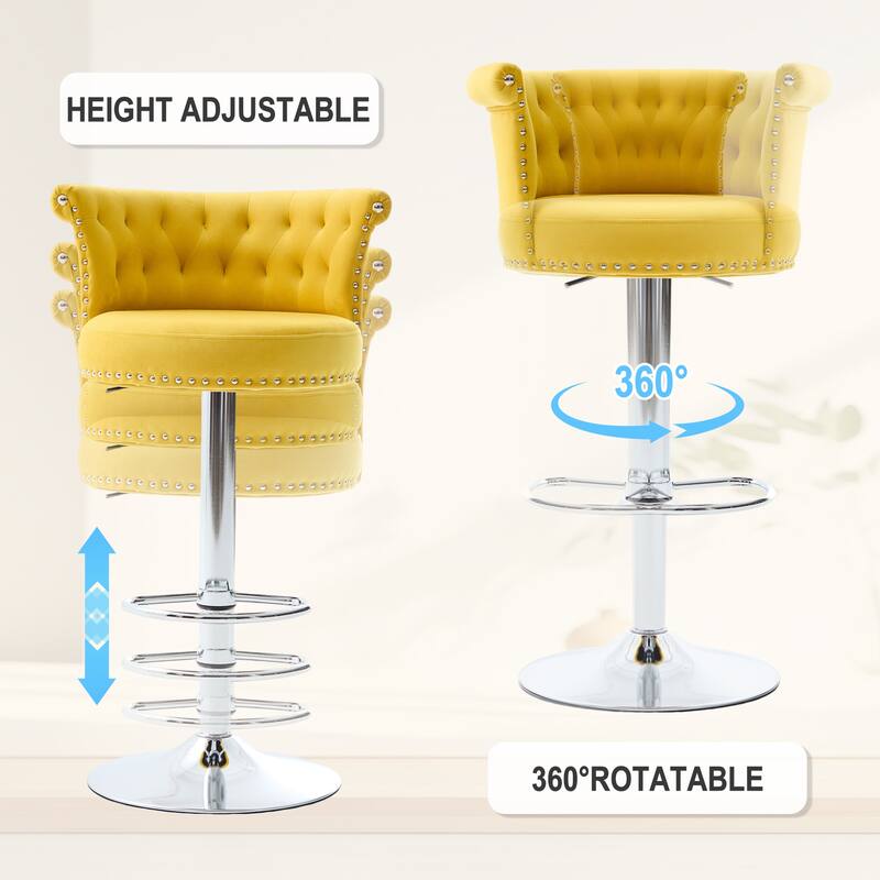 Velvet Upholstered Tufted Nailheads Swivel Adjustable Height Bar Stools with Silver Footrest(set of 2)