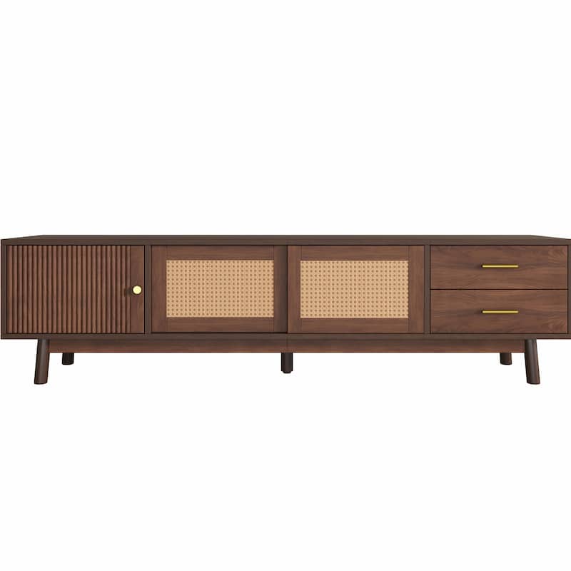 80" Mid Century TV Stand - Rattan Doors, Storage Drawers, Waterproof