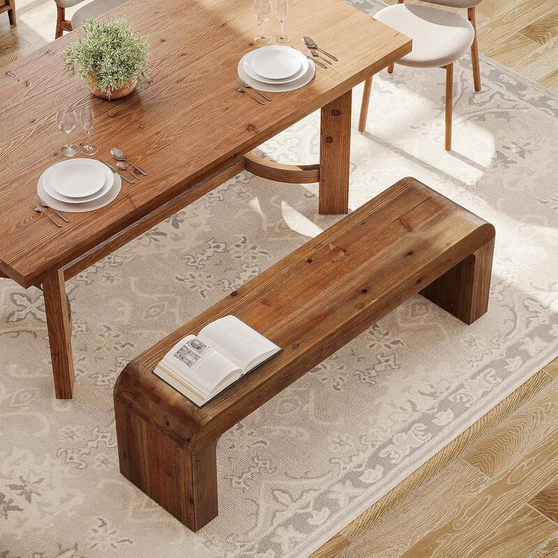 Solid Wood Dining Bench, 55" Wooden Entryway Bench with Thick Block Seat