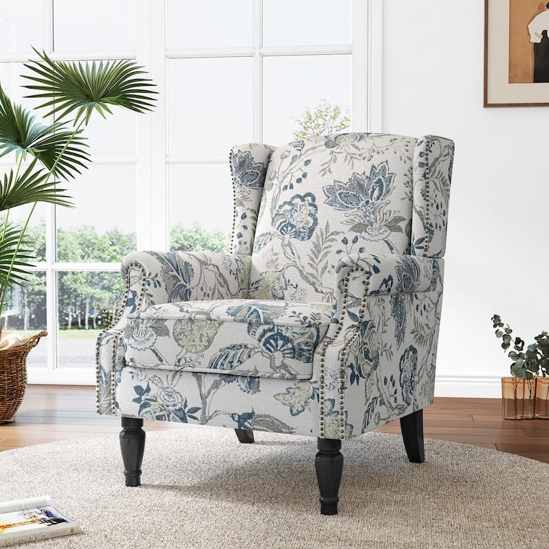 Mid-Century Modern Linen/ Vegan Leather Wing Back Accent Chair