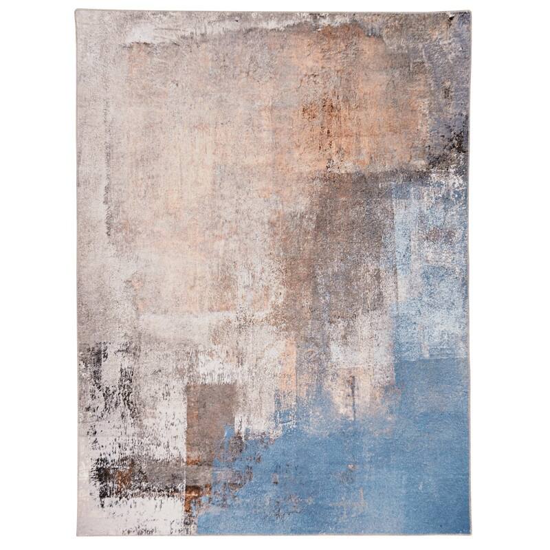 Kyler Machine Washable Beige and Blue Watercolor Area Rug - 3' x 5'