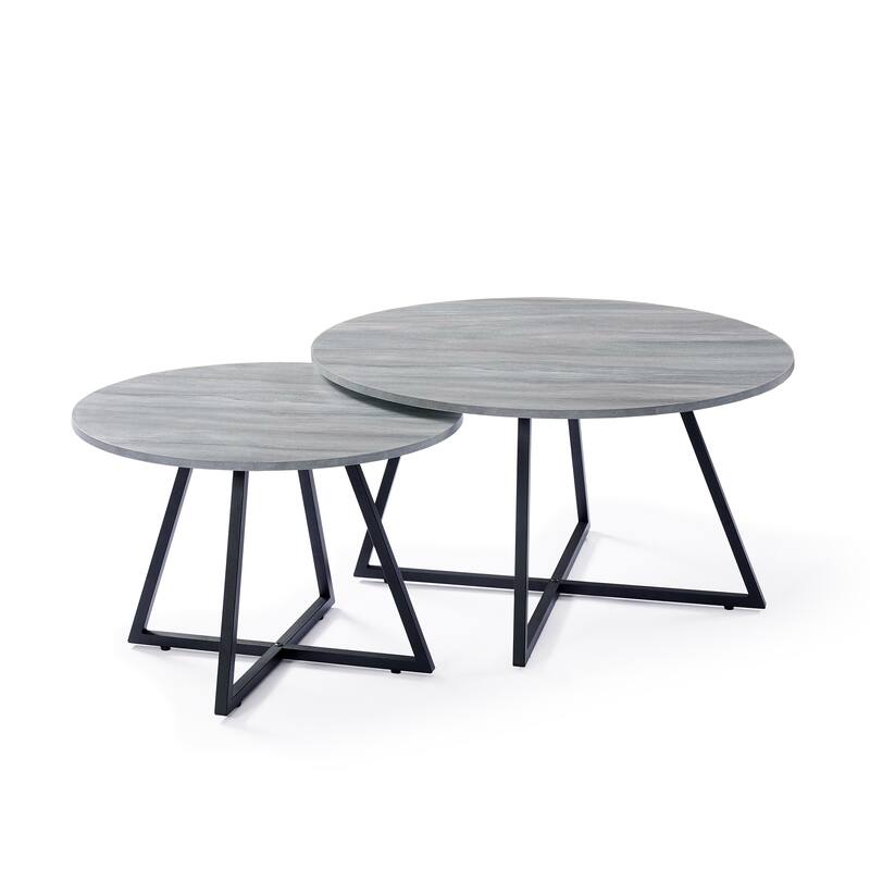 Modern Round Nesting Coffee Table Set with Black Cross Metal Legs