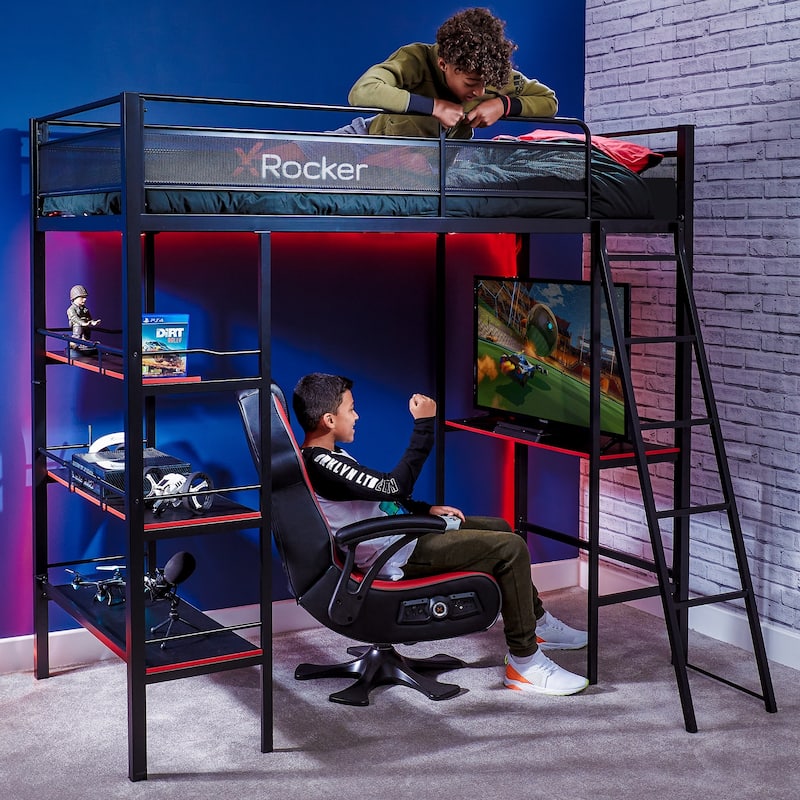 X Rocker Fortress Black Gaming Bunk w/ Built-in Desk and Shelves