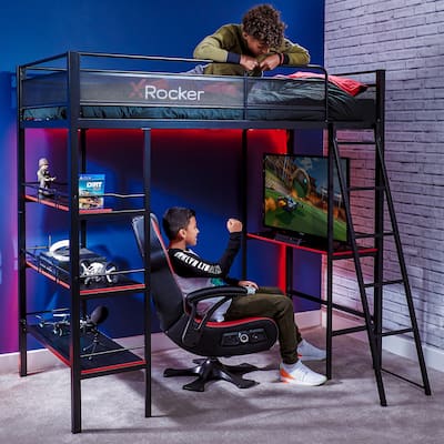 X Rocker Fortress Black Gaming Bunk w/ Built-in Desk and Shelves