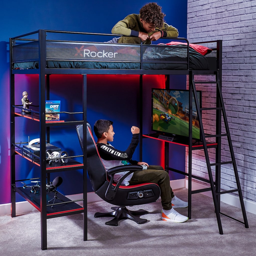 X Rocker Fortress Black Gaming Bunk w/ Built-in Desk and Shelves