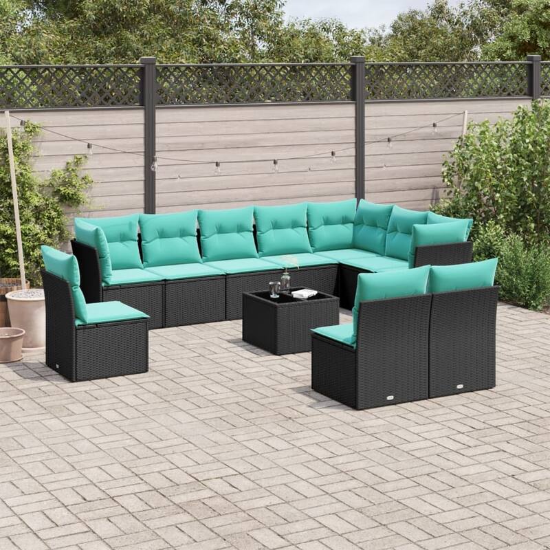 vidaXL 10/11 Piece Patio Sofa Set with Cushions Black/Brown/Gray Poly Rattan - 21.7 x 24.4 x 27.2 - Black and blue With table