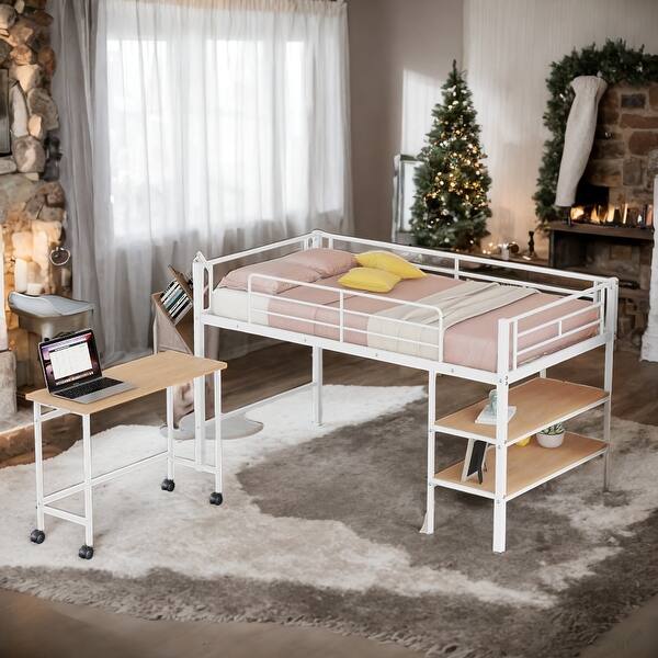 slide 2 of 18, Twin Size Loft Bed with Desk and Shelves for Home White