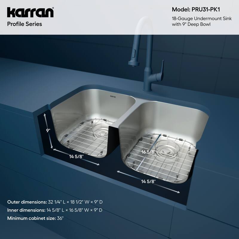Karran Profile 32" Undermount 18 Gauge Double Bowl Stainless Steel Kitchen Sink with Accessories