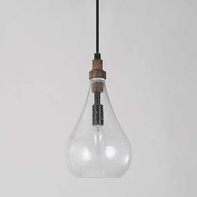 Modern Farmhouse Single Teardrop Seeded Glass Kitchen Island Pendant with Wood Accent - D 6'' x H 72''