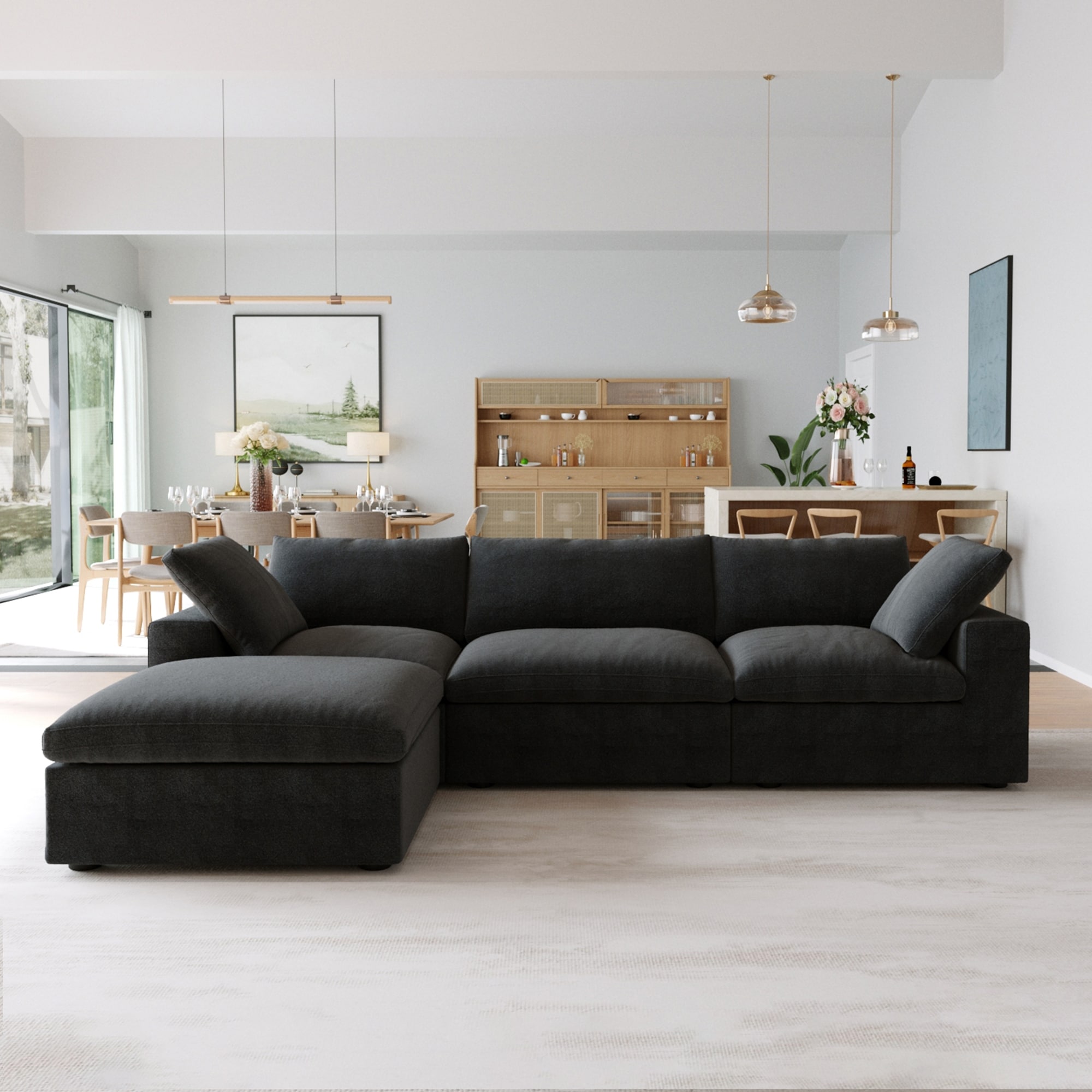 Black Commix Down Filled Overstuffed Sectional Sofa with Ottoman