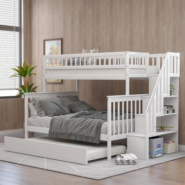Merax Twin Over Full Wood Bunk Bed With Trundle And Storage Stairs Overstock 31641628