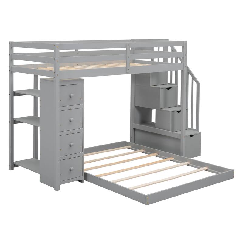 Twin Over Full Bunk Bed with 3-layer Shelves, Drawers and Storage Stairs, Gray