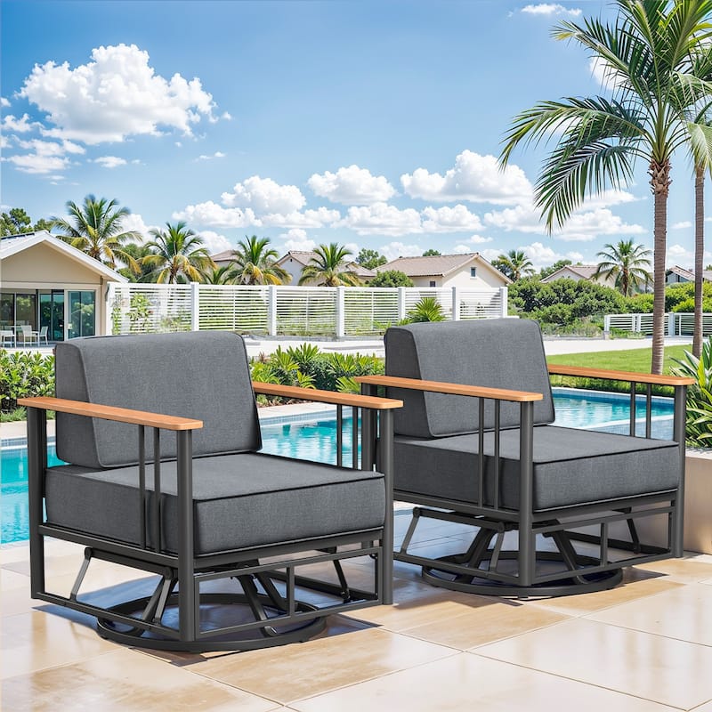 Pocassy Outdoor 2PCS Swivel Chairs with 6 Inch Dark Black Cushion - Black & Dark Grey Cushion