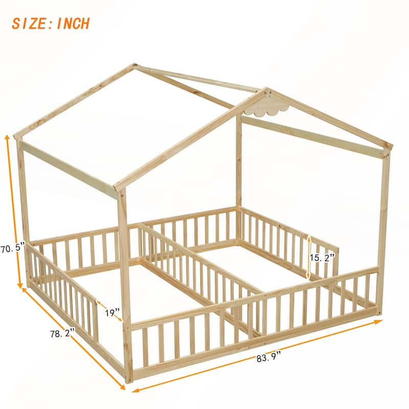 Double Twin House-Style Floor Bed with Fence