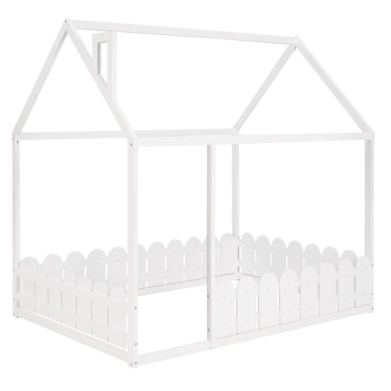 Full Size Wood House Bed Frame with Fence for Kids and Teens, White