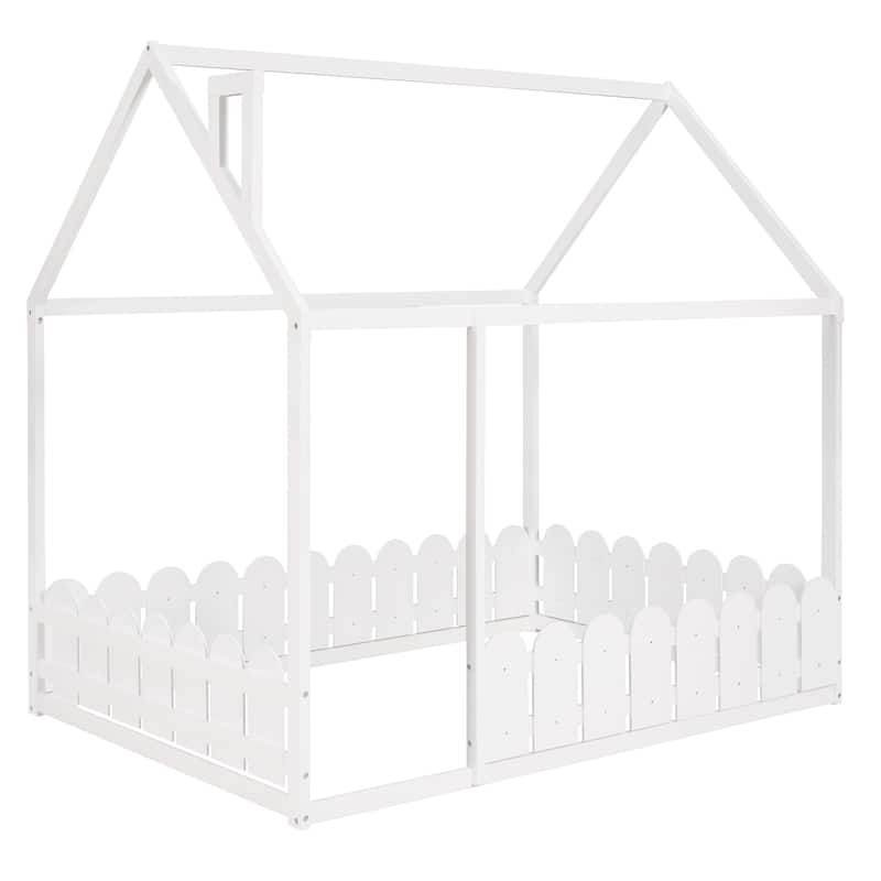 Playhouse-Inspired Full Size Bed Frame with Roof and Fence for Children and Teens