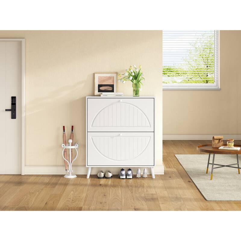 Tipping Bucket Shoe Cabinet, Freestanding Slim Narrow Shoe Rack, Shoe Storage Cabinet with Carved Doors & Solid Wood Legs