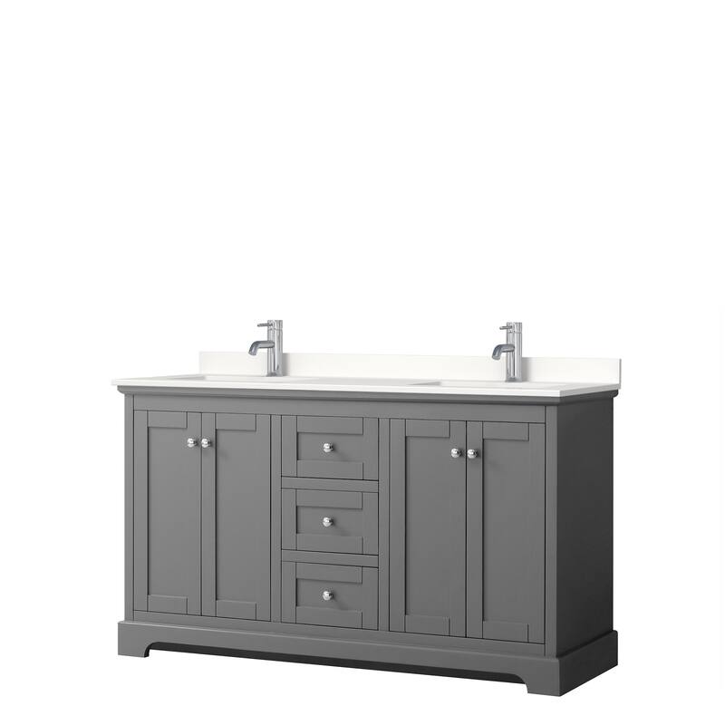 Avery 60-inch Double Vanity, Quartz Top - Dark Gray, Chrome Trim, White Quartz Top