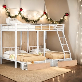 Full Over Twin & Twin Bunk Bed, Metal Triple Bunk Bed with Drawers and Guardrails