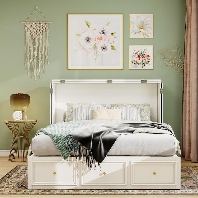 Solid Wood Murphy Bed Full Size with Storage | Space Saving Walnut Cabinet Bed with Easy Pull-Out Mechanism for Bedroom