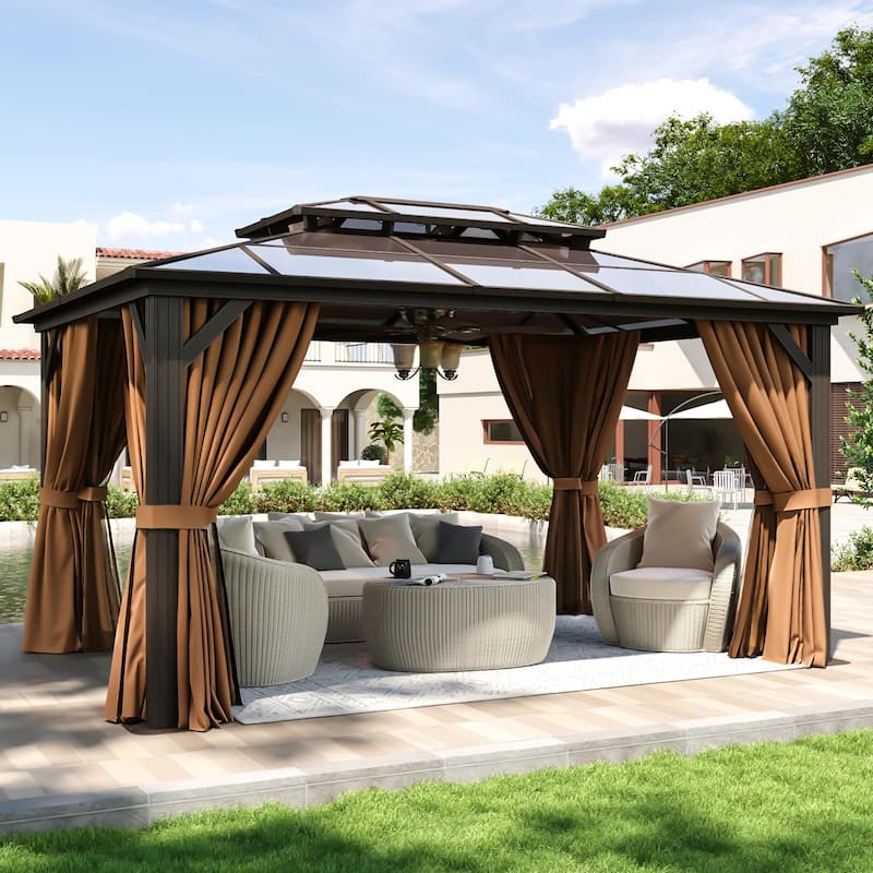 Hardtop Gazebo, Aluminum Frame Permanent Pavilion with Curtains and Netting - 14'x10' - Brown