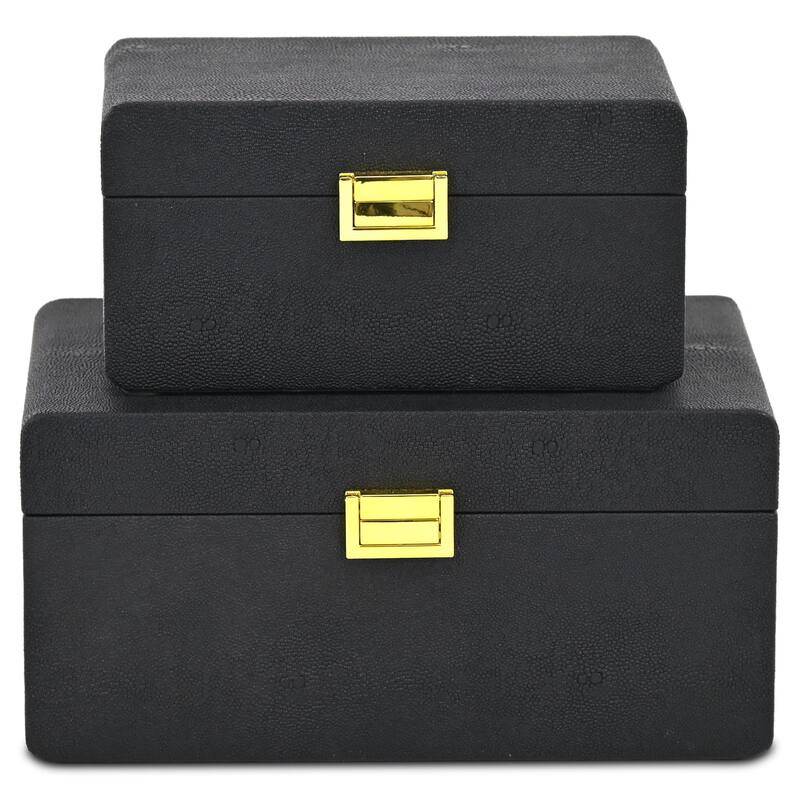 Alethea Set of 2 Rectangular Decorative Storage Boxes - Black Faux Shagreen - N/A