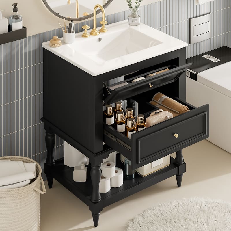 Retro Small Bathroom Vanity with Open Shelf, Ceramic Sink Cabinet