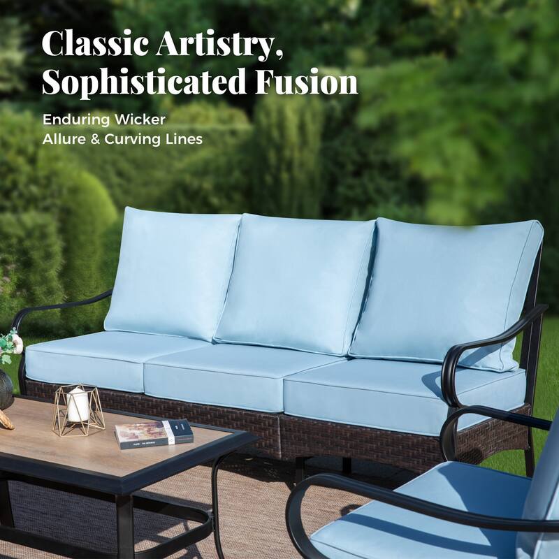 MAISON ARTS Patio Furniture Set with 56" Fire Pit Table, Deep Seating Sofa & Swivel, Rocking, and Fixed Chairs (5 Seats, Beige)