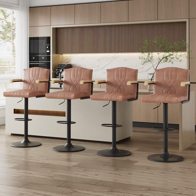 Javlergo 2-Piece & 4-Piece Adjustable Height Bar Chairs Brown PU Leather with Wave Pattern Armrests Black Base with Arc Footrest - Set of 4