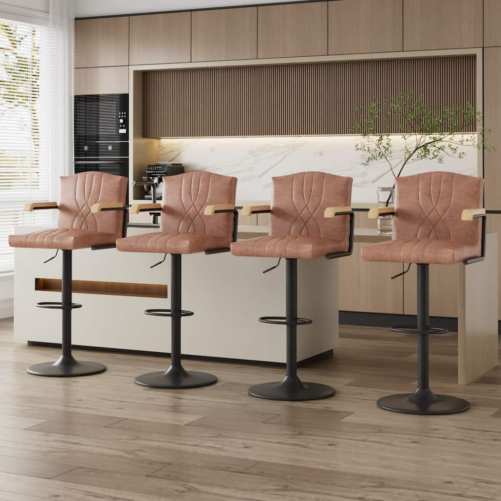 Javlergo 2/4/6-Piece Adjustable Height Bar Chairs Brown PU Leather with Wave Pattern Armrests Black Base with Arc Footrest