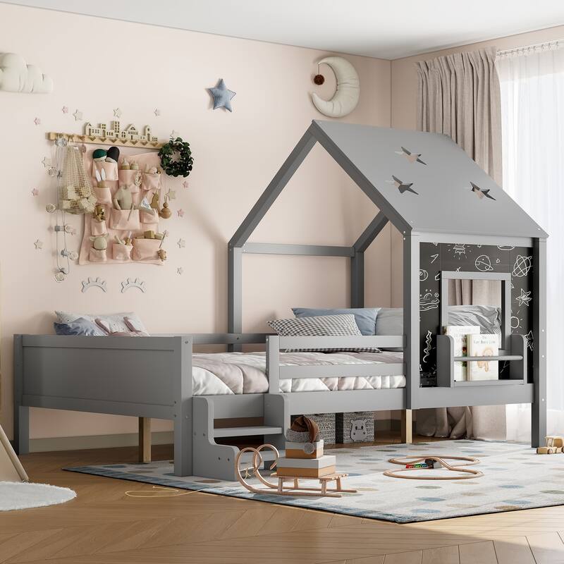 Roomfitters House Floor Bed with Bookcase and Blackboard, Solid Wood Frame with Low Stairs - Grey - Full