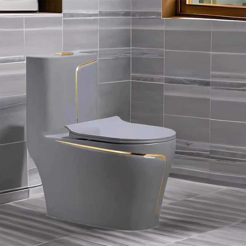 Grey Large Pipe Ceramic One Piece Toilet with Seat