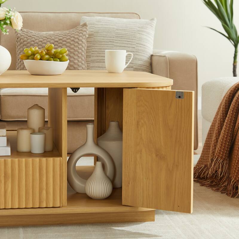 Rustic Coffee Table Office Table with Two Storage Drawers, Wood Wavy Curved Center Table End Table with Open Shelf