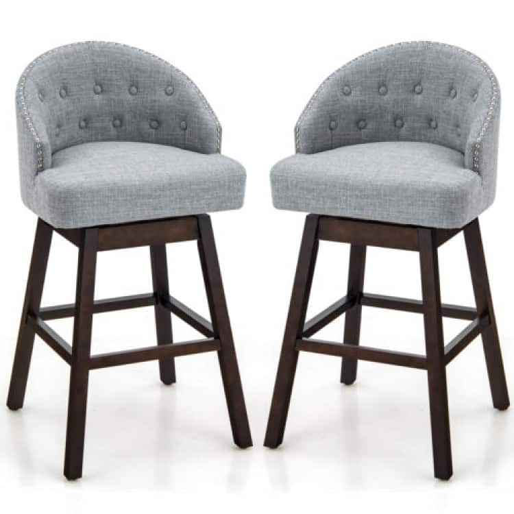Set of 2 Swivel Bar Stools Tufted Bar Height Pub Chairs with Rubber Wood Legs - 21.5" x 21" x 41.5" (L x W x H) - Grey